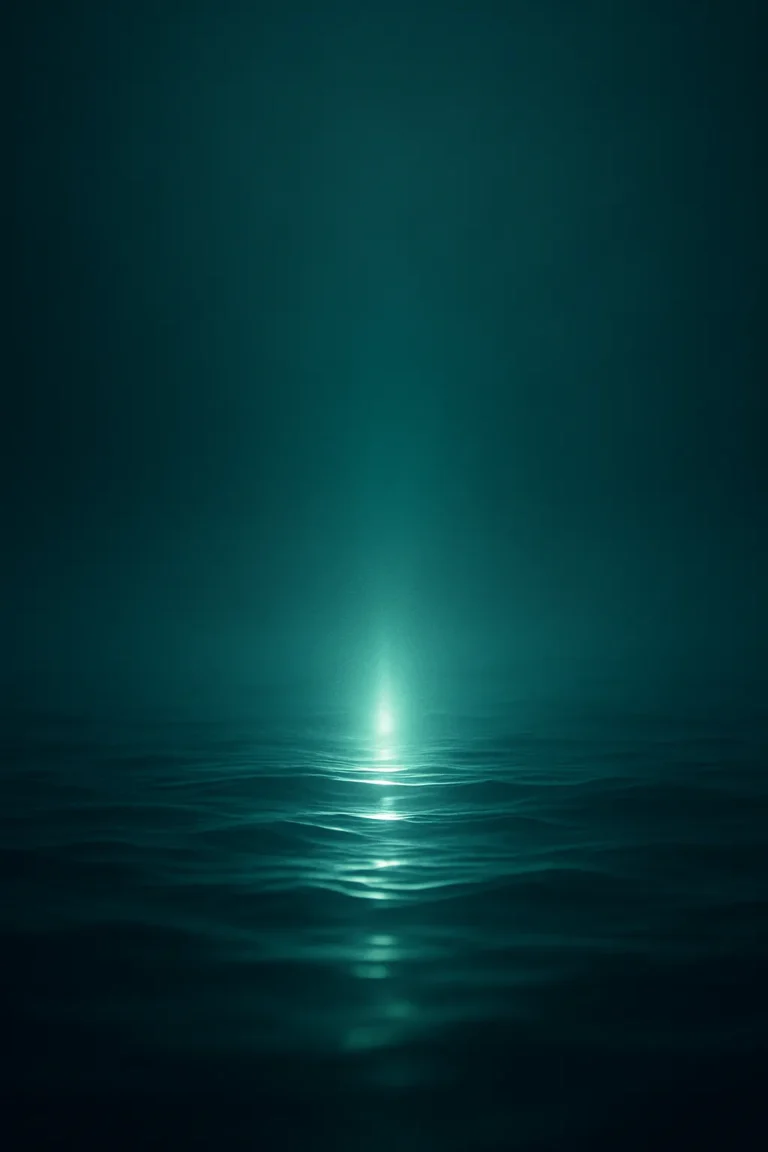 Soft teal light emerging from calm ocean waves, symbolising inner clarity and awakening.