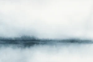 Abstract soft blue-grey watercolor horizon with subtle reflection, symbolising quiet self-recognition and emerging clarity towards life purpose.