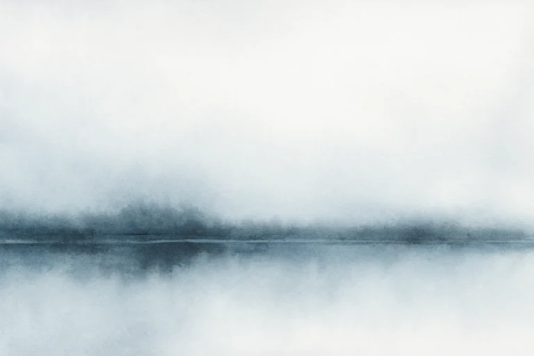 Abstract soft blue-grey watercolor horizon with subtle reflection, symbolising quiet self-recognition and emerging clarity towards life purpose.