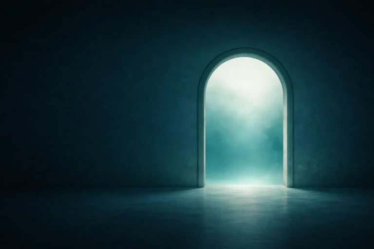 An arched doorway opening into soft teal mist, symbolising a threshold between familiar patterns and deeper self-awareness.
