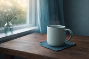 A pale blue ceramic mug resting on a wooden table beside a window, soft morning light and teal tones creating a calm, reflective atmosphere.