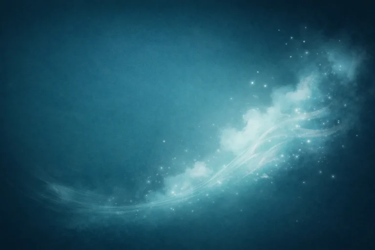 Abstract dark teal and blue image with soft white light drifting outward, representing the gentle release of stored emotions and emotional regulation.