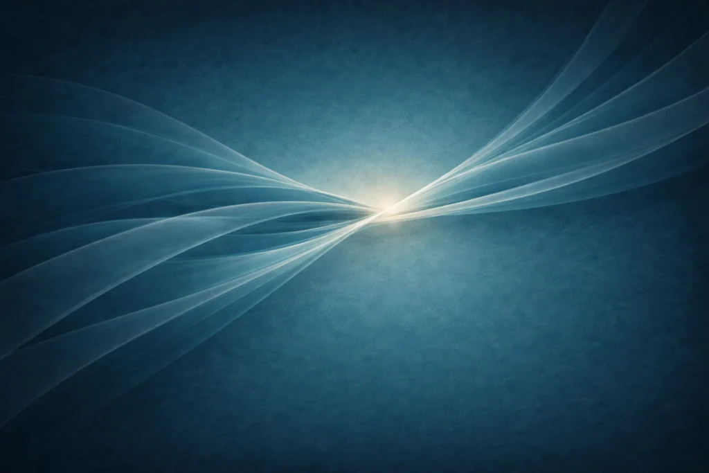 Abstract teal-toned ribbons flowing diagonally and converging softly at an offset point, symbolising connection, movement, and balanced relationship dynamics.