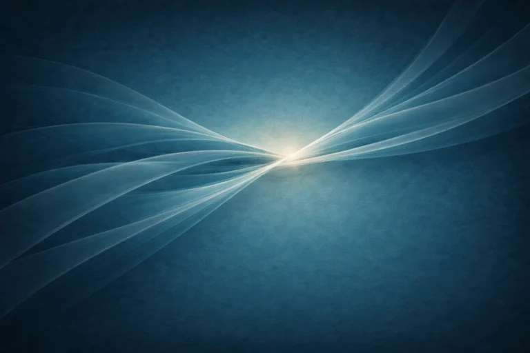 Abstract teal-toned ribbons flowing diagonally and converging softly at an offset point, symbolising connection, movement, and balanced relationship dynamics.